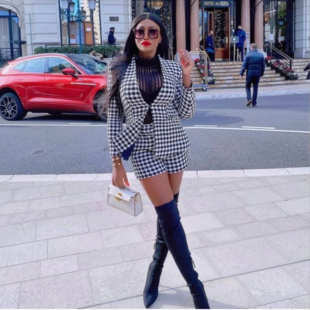 Chic Houndstooth Blazer and Skirt Set